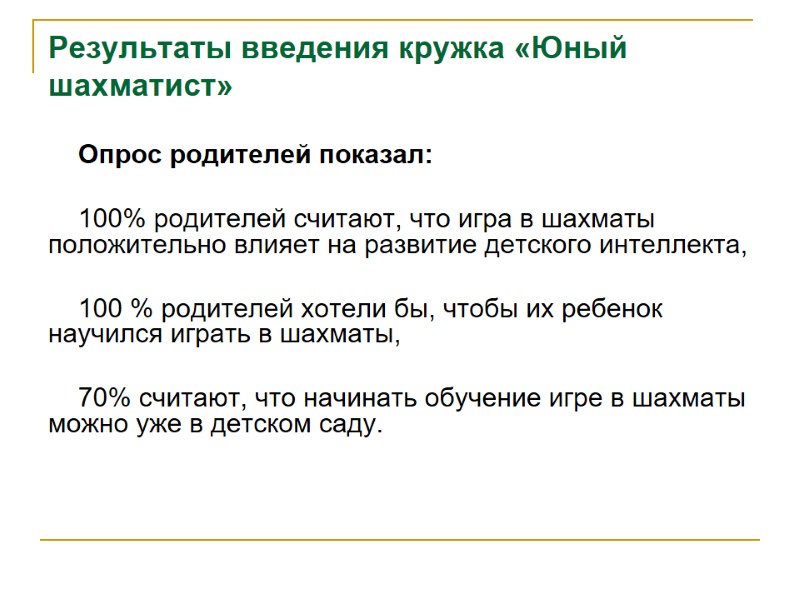 Результаты введения кружка «Юный шахматист» Опрос родителей показал:   100% родителей считают, что